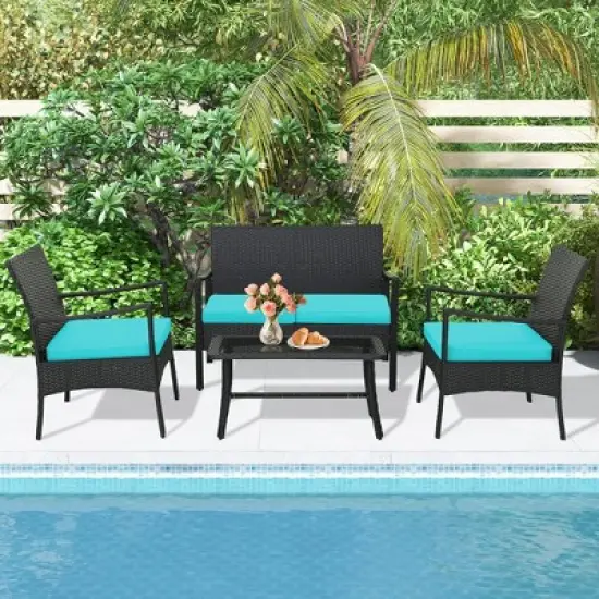 Tangkula 4PCS Patio Rattan PE Wicker Furniture Conversation Set w/ Sofa Chair & Table image {1}