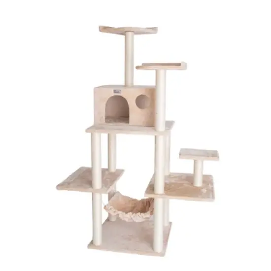 GleePet GP78680621 68-Inch Real Wood Cat Tree In Beige With Five Levels, Hammock, Condo image {7}