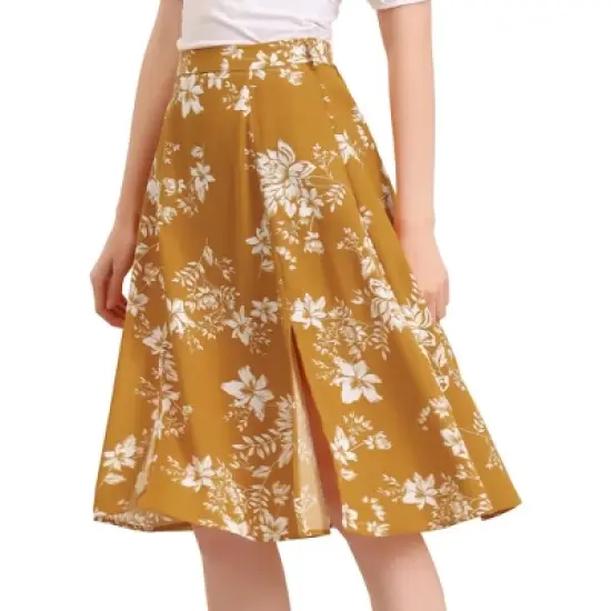 Allegra K Women's High Elastic Waist Belted Slit A-Line Midi Floral Print Skirt image {9}