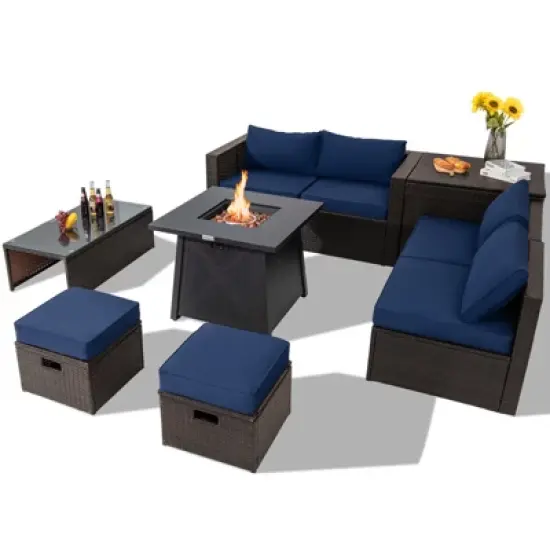 Tangkula 9PCS Outdoor Patio Furniture Set with 30" Propane Fire Pit Table PE Wicker Space-Saving Sectional Sofa Set w/ Storage Box & Cushions image {12}