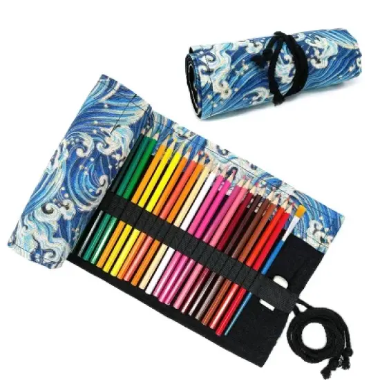 Wrapables Pencil Roll Organizer, Colored Pencil Wrap Pouch (72 slots), Blue Waves image {6}