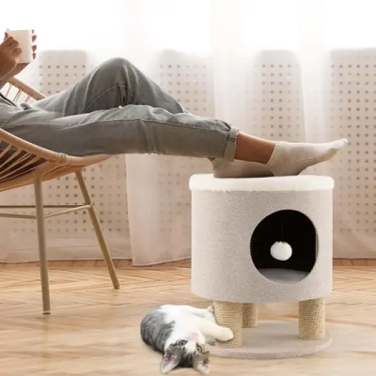 Costway 3-IN-1 Cat Condo Stool Kitty Bed with Scratching Posts & Plush Ball Toy Beige/Grey image {1}