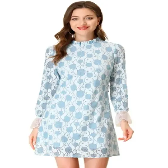 Allegra K Women's Ruffle Crew Neck Formal Elegant Mini Floral Lace Dress image {13}