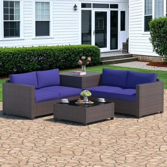 Decksplore Outdoor Lounge Set PE Wicker with Iron Frame Navy Blue Sofa & Coffee Table Combo image {8}