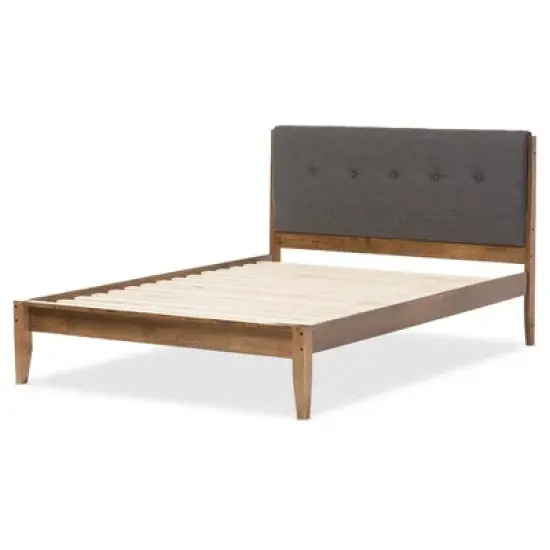 Leyton Mid-Century Modern Fabric Upholstered Platform Bed Gray/Walnut Brown - Baxton Studio image {2}