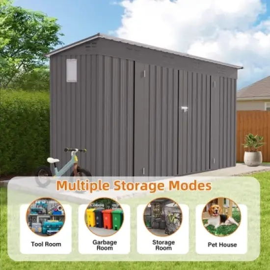 ORRD 4x9FT Outdoor Metal Storage Shed Sloping Roof, 6 Vents & 2 Swing Doors For Backyard/Garden/Garage/Lawn (Gray) image {8}