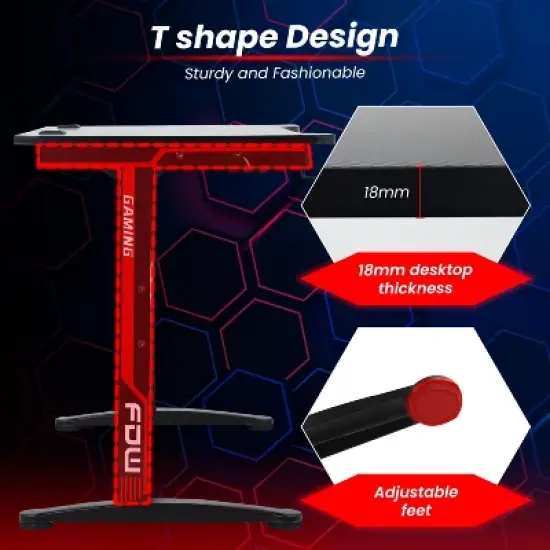 BestMassage 47 Inch Computer Desk Gaming Desk Writing Desk T-Shaped Office Desk PC Desk with Built-in Cup Holder, Red image {5}