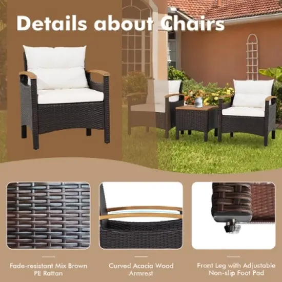 Tangkula 3PCS Patio PE Rattan Conversation Furniture Set Bistro Set Acacia Wood Tabletop image {7}