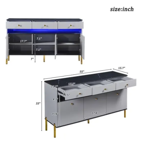 Contemporary Dressing Table with LED Lights and Marble Top, Gray - ModernLuxe image {2}