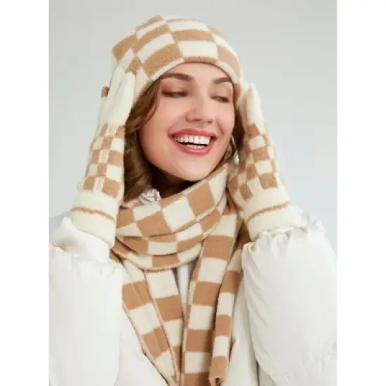 Shiraleah Tan and White Check Tanner Plaid Scarf image {3}