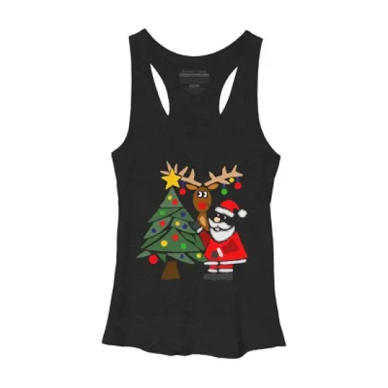 Women's Design By Humans Funny Cute Santa Claus and Christmas Reindeer by Tree By SmileToday Racerback Tank Top image {3}