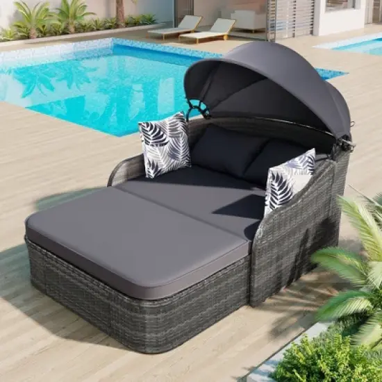 Mshliw 79.9" Outdoor Sun Lounger with Adjustable Canopy, Curved Armrests, and Pillows &ndash; PE Rattan Daybed for Patio, Deck, or Garden image {4}
