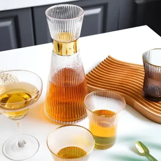 Slickblue Stylish Hand-Blown Clear/Grey Glass Carafe Set with Bamboo Lid, 34 oz Carafe and 2 Glasses image {2}