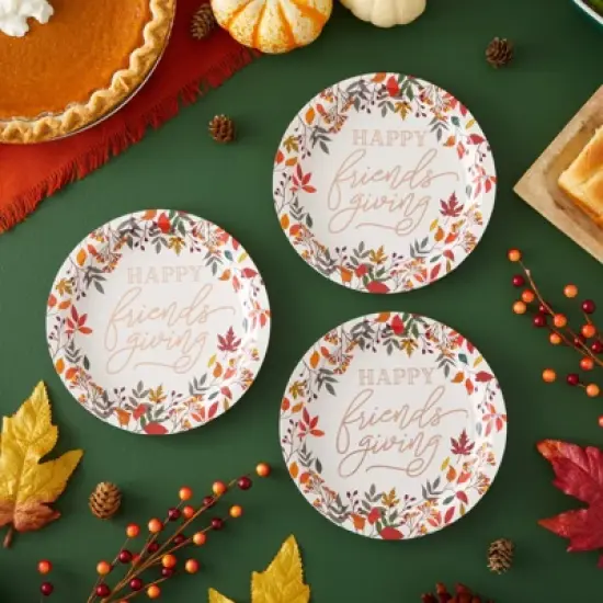 Sparkle and Bash 48 Pack Happy Friendsgiving Disposable Paper Plates with Rose Gold Foil (7 In) image {1}