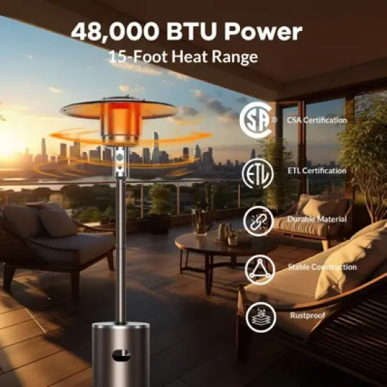 48,000 BTU Propane Patio Heater with Wheels, Round Table Design, Stainless Steel Burner, Tip-Over Protection for Home,  Commercial, Bro image {6}