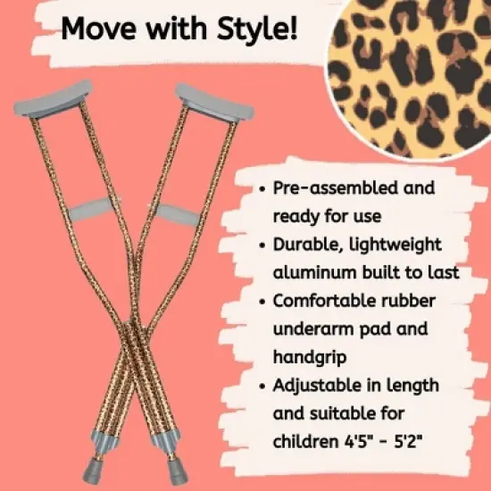 My Crutches-Fashion Designed Colored Youth Junior Crutches for Kids/Teens/Adults w Adjustable Handgrip & Length (Cheetah, for Heights 4'5" to 5'2") image {2}