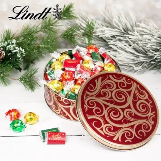 1.8lb Christmas Chocolate Gift Tin Hershey's Miniatures & Lindt Truffles - Golden Swirls image {1}