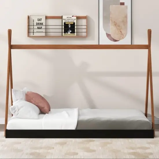 Okak Twin Triangle Tent Top Wooden Bed Frame,Modern Floor Bed for Toddlers/Kids Bedroom image {4}