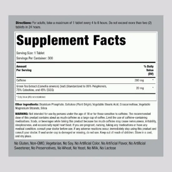 Piping Rock Caffeine Pills with Green Tea 220mg | 300 Tablets image {1}