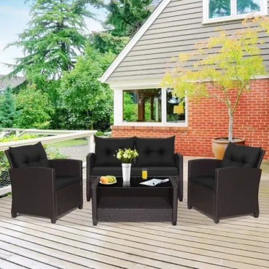 Tangkula 8PCS Outdoor Conversation Set Patio PE Rattan Set w/ Glass Table & Sofa Cushions image {3}