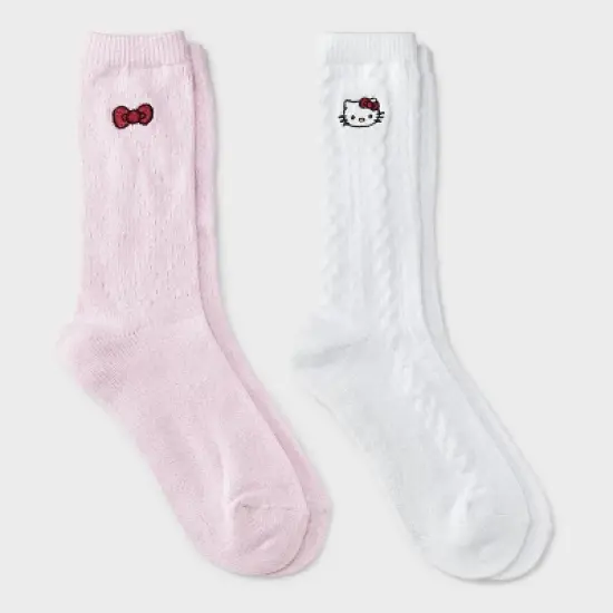 Women's Hello Kitty Super Soft Embroidered 2pk Crew Socks - White/Pink 4-10 image {3}