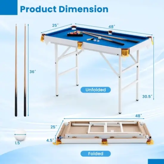 Costway 47" Folding Billiard Table Pool Game Table Indoor Kids w/ Cues Brush Chalk Green/Blue image {2}