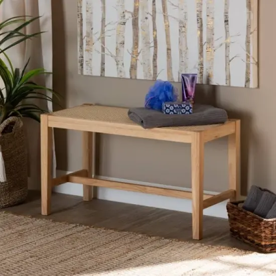 Danyl Wood Rattan Accent Bench Oak Brown - Baxton Studio image {2}