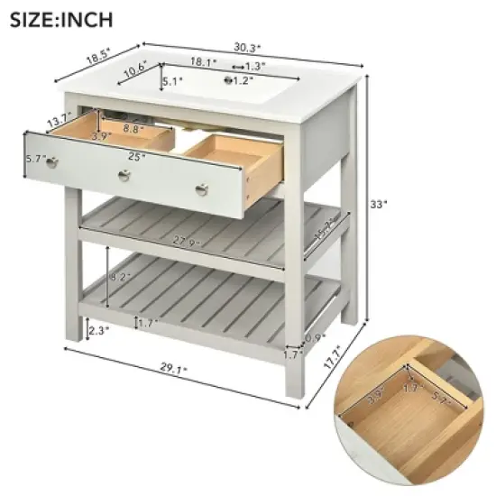 30" Bathroom Vanity with Ceramic Basin Sink, Drawer and 2-Tier Storage Shelf, Gray - ModernLuxe image {2}