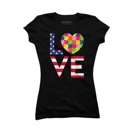 Junior's Design By Humans July 4th Love Flag With Puzzle Heart By Ujangkasep T-Shirt image {2}