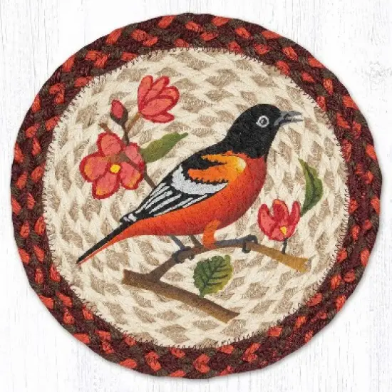 Earth Rugs Hand Stenciled Oriole Bird Jute Trivet Round 10 Inch Rustic Table Protector image {3}