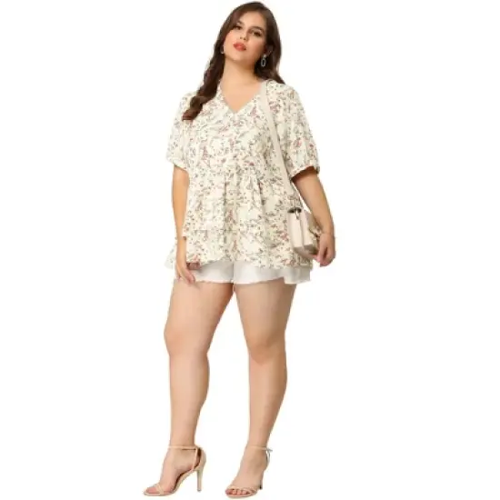 Agnes Orinda Women's Plus Size Blouse Floral Layered Flare Hem Casual Peplum Tops image {2}