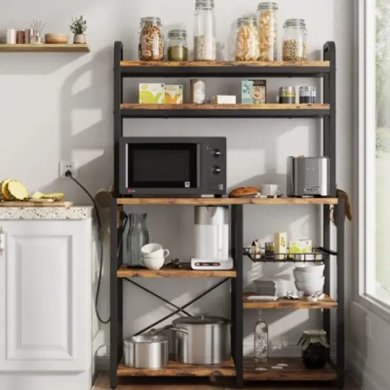 Bakers Rack with Power Outlet, Coffee Bar with Wire Drawer, Microwave Stand, Kitchen Baker Table with Large Storage image {8}