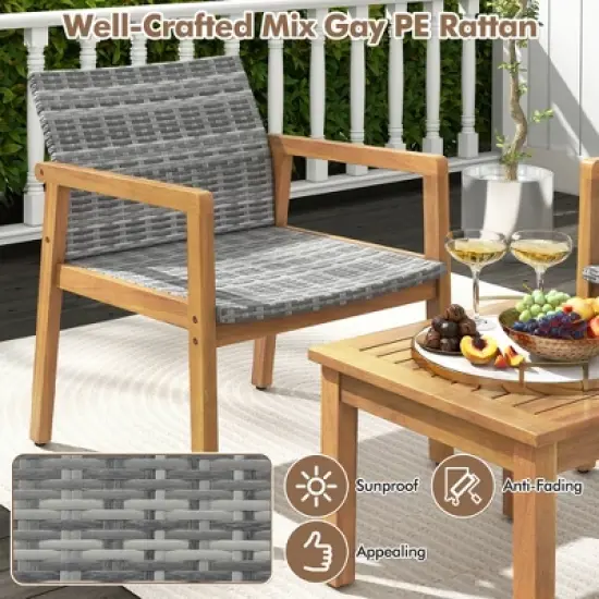 Costway 3 PCS Outdoor Furniture Set, Acacia Wood Frame Sofa Set with Rattan Seat image {5}
