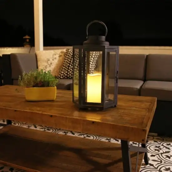 14" Hexagonal Candlelit Iron Lantern with LED Lights Black/White - Alpine Corporation image {1}