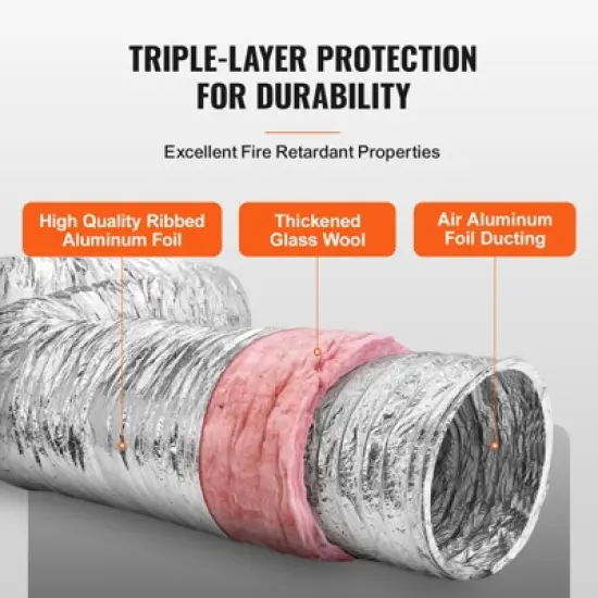 VEVOR Dryer Vent Hose, 10'' Insulated Flexible Duct 25FT Long with 2 Duct Clamps, Heavy-Duty Three Layer Protection, Silver image {3}