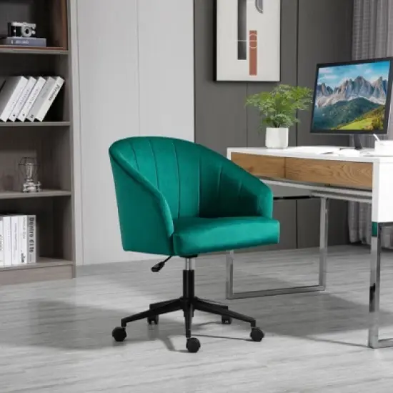 HOMCOM Retro Mid-Back Swivel Fabric Computer Desk Chair Height Adjustable with Metal Base, Leisure Task Chair on Rolling Wheels for Home Office, Green image {2}
