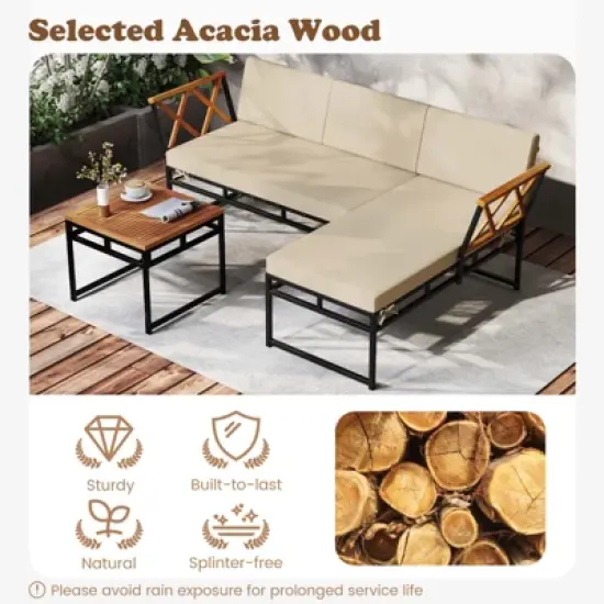 Tangkula Set Of 3 L-Shaped Outdoor Furniture Set Acacia Wood Patio Sectional Cushioned Conversation Sofa with Square Coffee Table image {4}