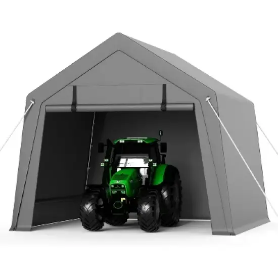 Portable Carport Storage Shed with Roll-up Zipper Door, Heavy Duty Waterproof Tarp, Storage for Motorcycle, Bike, Garden Tools, Gray image {6}