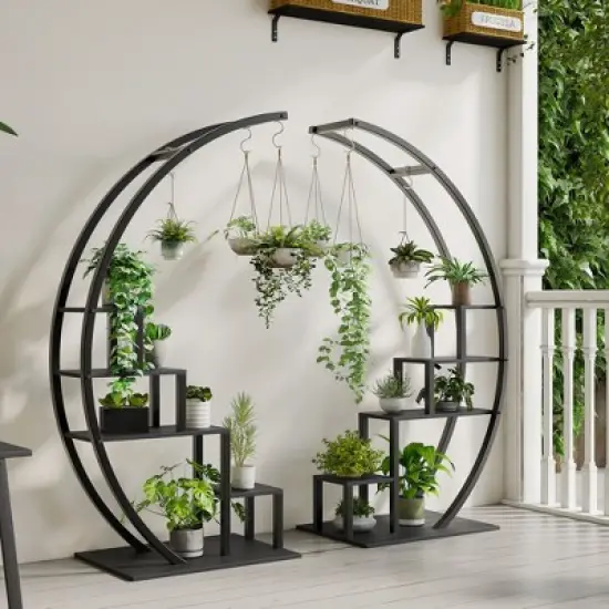 5 Tier Metal Plant Stand, Half-Moon Shape Plant Rack With Hanging Hooks, Tall Plant Holder for Home Decor, Garden, Balcony image {4}
