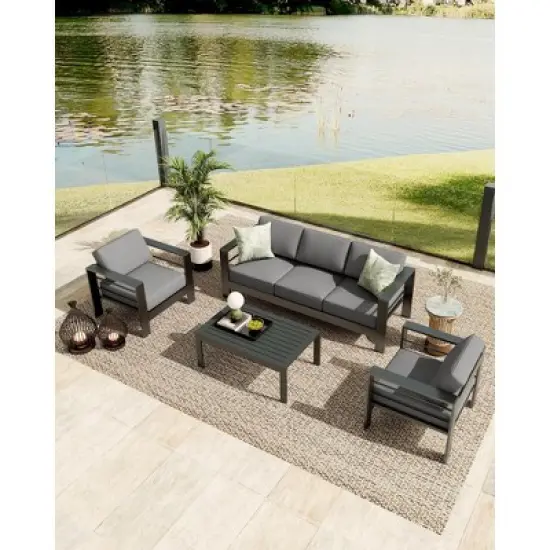 4 Pieces Aluminum Patio Furniture Set, Outdoor Sectional Conversation Set Sectional Sofa with 4" Armrest & 5" Thick Cushions & Coffee Table image {7}
