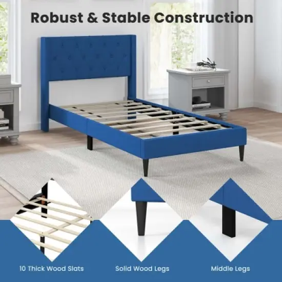 Costway Twin Size Upholstered Platform Bed with Button Tufted Wingback Headboard Blue/Grey image {6}