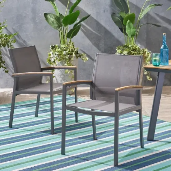 Christopher Knight Home Luton Outdoor Aluminum and Mesh Dining Chairs with Faux Wood Accents image {1}