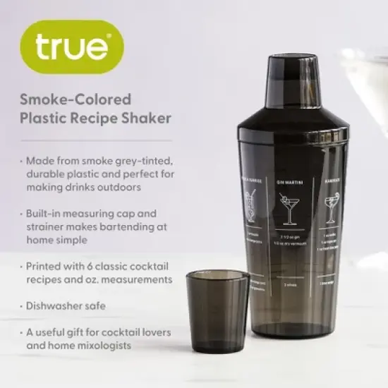 True Smoke Recipe Shaker, Tinted Plastic Cocktail Shaker, Includes 7 Drink Recipes with Measurements, Gray Finish image {1}