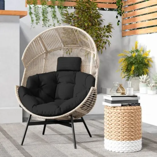 Costway Oversized Egg Style Chair with Cushions & Headrest Heavy-Duty Metal Frame for Yard Off White/Grey/Black image {3}