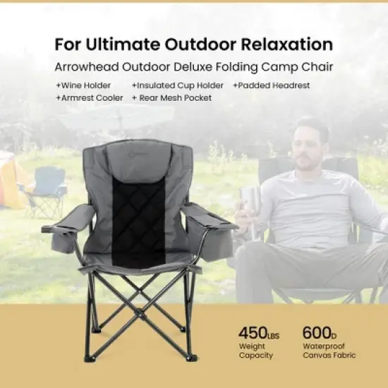 Arrowhead Outdoor Portable Folding Camping Quad Chair w/ 6-Can Cooler, Heavy-Duty Carrying Bag, Supports up to 450lbs (Granite Grey) image {1}
