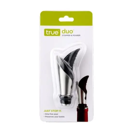 TRUE Duo Wine Pourer and Stopper, Bottle Sealer, Drip Free Pourer, Wine Cork Spout, 2-Piece Design, Silicone and Stainless Steel image {7}