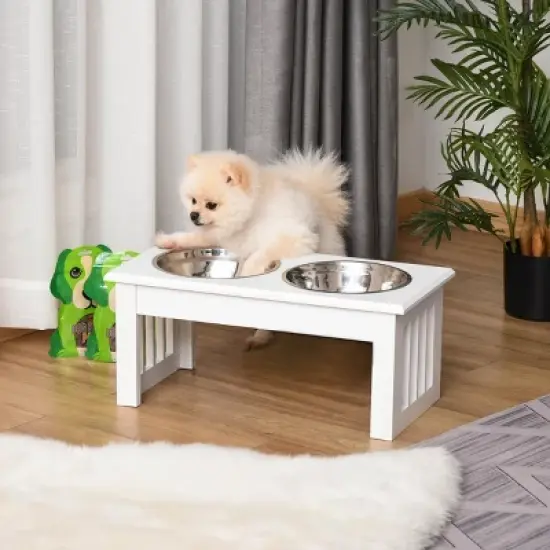 INFURNIC Pet Bowl Elevated Dog Feeding Station with Stainless Steel Bowls Non Slip Modern Wooden Frame, White, 17.25"*9.5"*6" image {3}