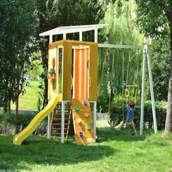 Avenlur Outdoor Swing Set: Clubhouse, slide, rock climbing wall, 2 swings, and more! Perfect for toddlers and kids ages 3-11 image {3}