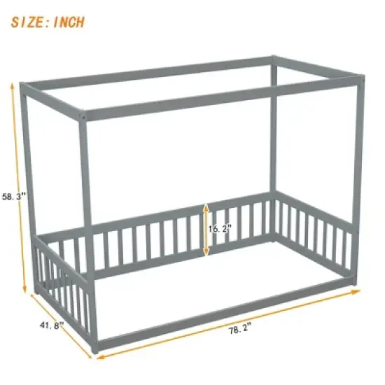 Okak Twin/Full Size Bed Frame with Canopy-Style Top & Guardrails,Modern Floor Bed for Toddlers/Kids Bedroom image {2}