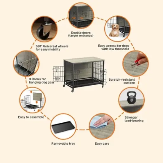 27.2" Dog Crate Furniture with Removable Tray and Wheels for Small Dogs, Wooden Dog Kennel Furniture with Double-Doors,Grey image {4}